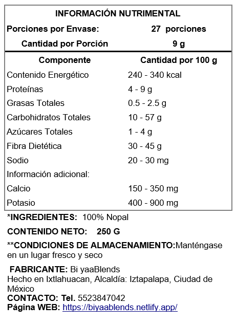 Información Nutricional - Harina de Nopal